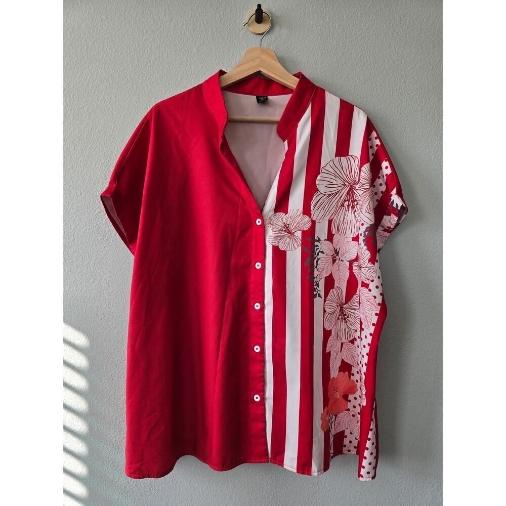 Bold Red Floral Stripe Button Blouse Size 3XL Short Sleeve Retro Hibiscus Top